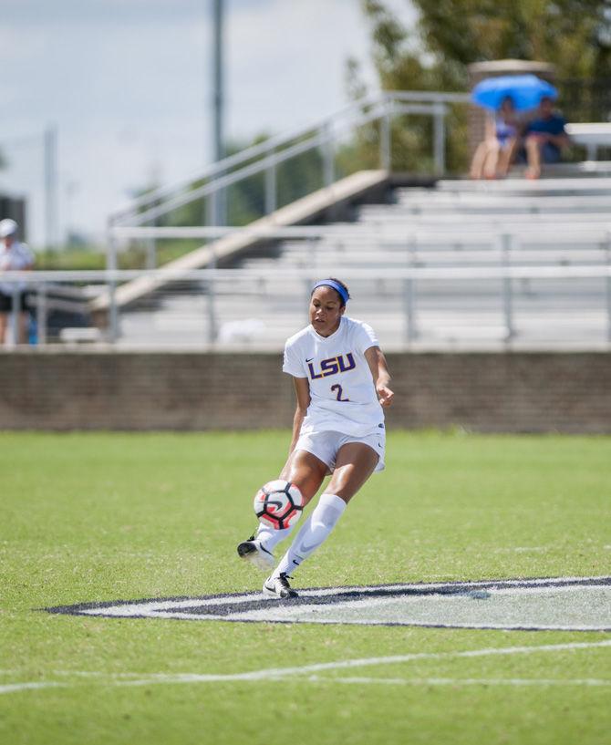 LSU junior defender Jordane Carvery (2) clears a ball during the Lamar game on Sept. 18, 2016 at LSU Soccer Stadium.