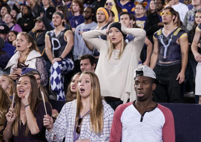 LSU fans react to the game during the Tigers' 31-14 defeat against The University of Arkansas on Saturday, Nov. 14, 2015 in Tiger Stadium.