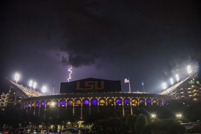 Lightning strikes over Death Valley after the LSU vs. McNeese St. game was canceled on Sept. 05, 2015, in Tiger Stadium.