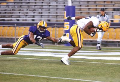 LSU junior running back Richard Murphy scores a touchdown as sophomore safety Ron Brooks tries to chase him down April 18 during the Tigers&#8217; spring game.