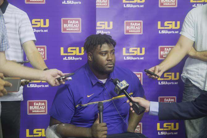 LSU Sophomore Nose Tackle Travonte Valentine (55) addresses media and reporters on Sept. 6, 2016, at the Football Operations Center on LSU campus.