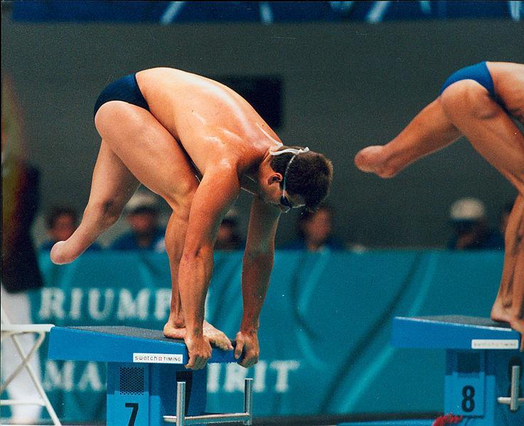 A swimmer competes in the 1996Summer Paralympics in Atlanta, Georgia.