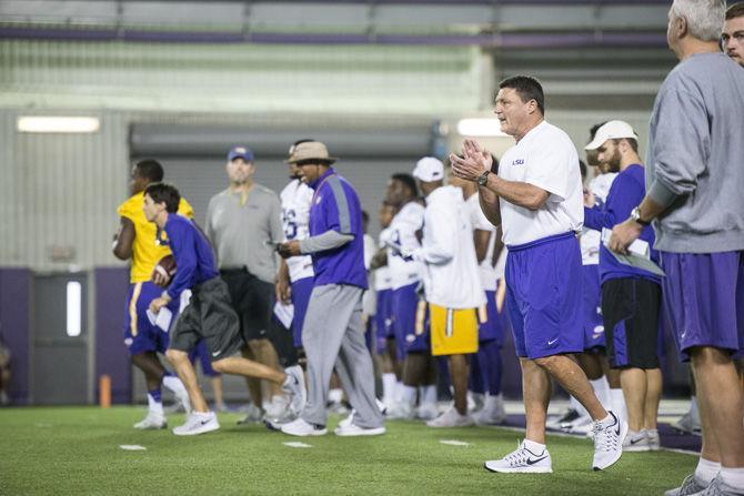 New interim head football coach Ed Orgeron begins his first practice as head coach on Monday September 26, 2016, in the Indoor Football Facility on LSU campus.