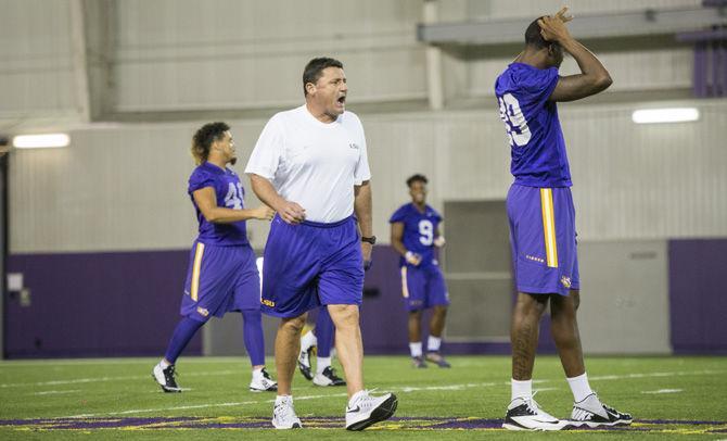 New interim head football coach Ed Orgeron begins his first practice as head coach on Monday September 26, 2016, in the Indoor Football Facility on LSU campus.