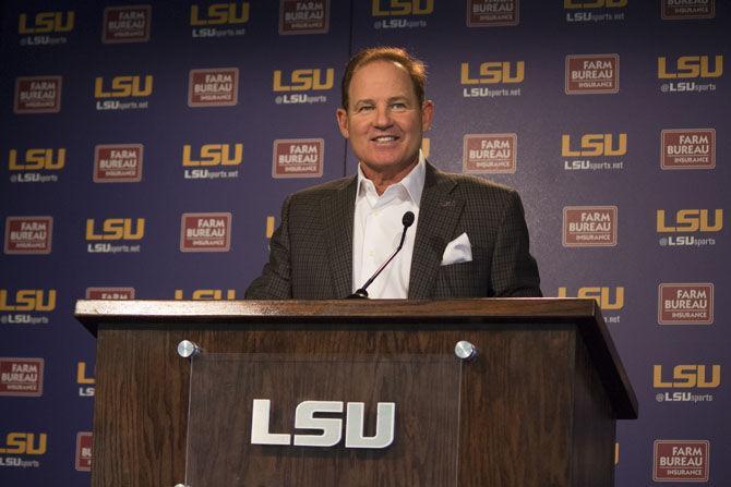 LSU Head coach Les Miles addresses the media at his weekly Lunch with Les on Monday, Sept. 12, 2016.