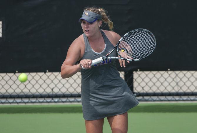 LSU freshman Jessica Golovin hits the ball during the Tigers' 4-3 victory against Kentucky in the SEC Championship on Thursday, April 21, 2016 at the LSU Tennis Complex.