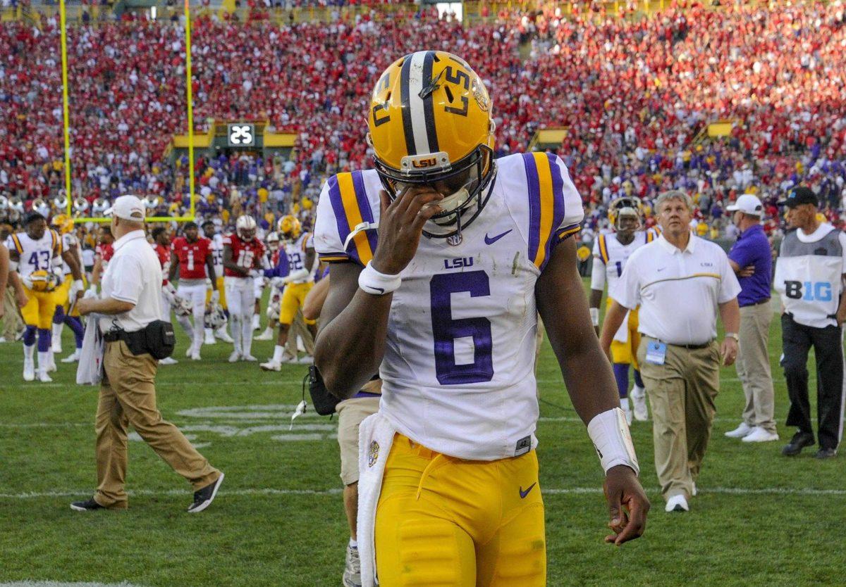 Sep 3, 2016; Green Bay, WI, USA; LSU Tigers quarterback Brandon Harris (6) walks off the field after the Wisconsin Badgers defeated LSU 16-14 at Lambeau Field. Mandatory Credit: Benny Sieu-USA TODAY Sports