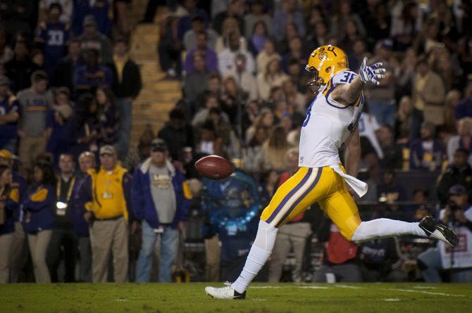 LSU senior punter Jamie Keehn (38) punts the ball on Saturday, Nov. 14, 2015, during the Tigers' 31-14 defeat against University of Arkansas in Tiger Stadium.