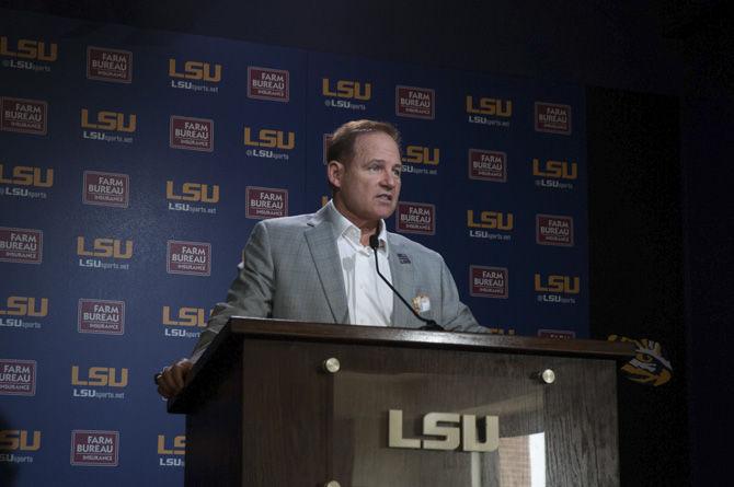 Les Miles speaks to reporters during the season'sfirst Lunch with Les, in the LSU Athletic Administration Building.