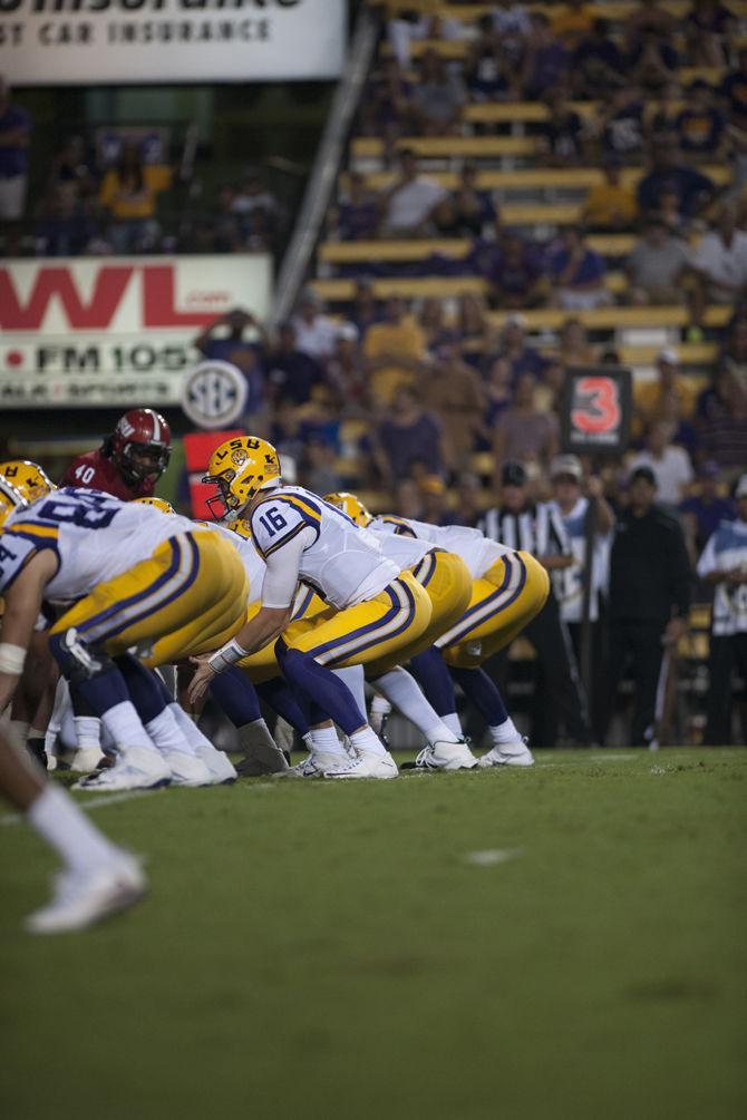 LSU junior quarterback Danny Etling (16) prepares to initiate a handoff on Saturday Sept. 10, 2016 as the Tigers defeat Jacksonville State University 34-13.