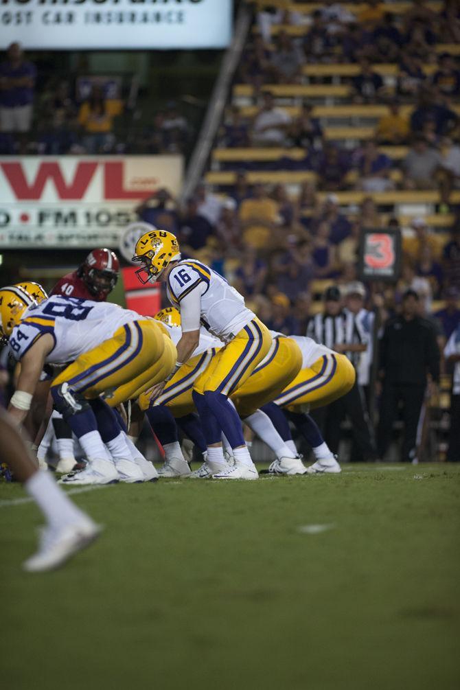 LSU junior quarterback Danny Etling (16) prepares to initiate a handoff on Saturday Sept. 10, 2016 as the Tigers defeat Jacksonville State University 34-13.