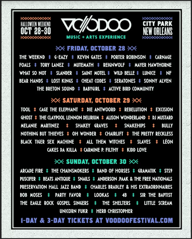 The 2016 Voodoo Arts & Experience schedule was released Friday, Sept. 16.