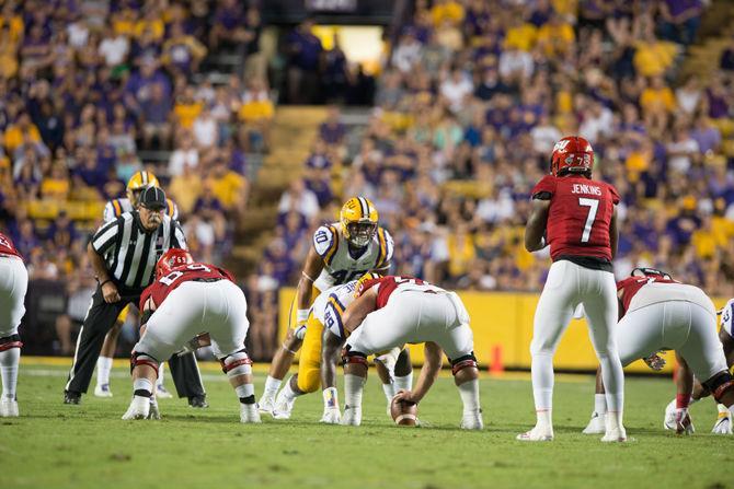 The LSU defense lines up against Jacksonville State during their matchup on Saturday, Sept. 10, 2016 going into the Tigers' 27-10 halftime lead.