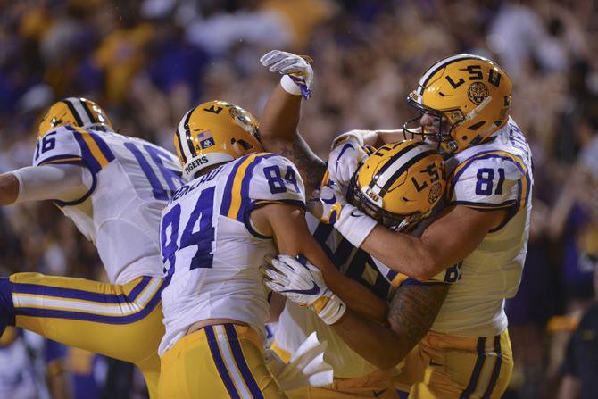 LSU Tigers celebrate after a successful touchdown score during the 34-13 win against the Jacksonville Gamecocks on Saturday Sept. 10, 2016, in Tiger Stadium.