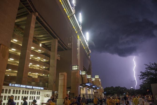 Lightning strikes over Death Valley after the LSU vs. McNeese St. game was canceled on Sept. 05, 2015, in Tiger Stadium.