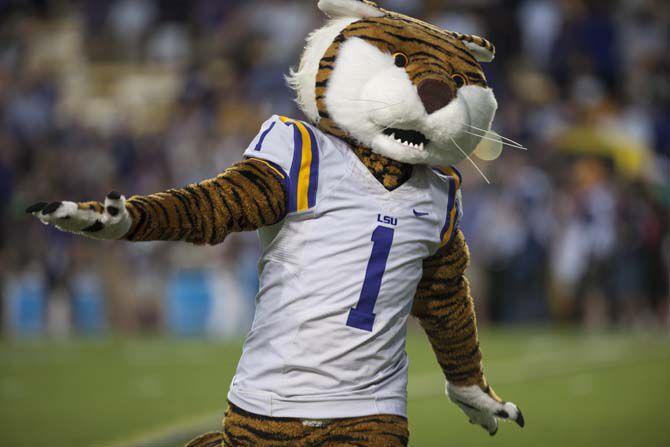 Mike the Tiger celebrates LSU scoring during Tigers' 34-13 Victory against Jacksonville State University on Sept. 10, 2016, in Death Valley.