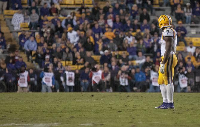 LSU sophomore running back Leonard Fournette (7) stands on the field during the Tigers' 31-14 defeat against the University of Arkansas on Nov. 14. 2015 in Tiger Stadium.