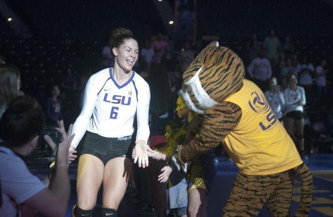 LSU senior middleblocker Tiara Gibson (#6) takes the court on Sunday, Sept. 18, 2016, during the Tigers 3-0 loss to Florida State at the Pete Maravich Assembly Center.