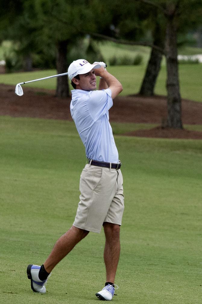 LSU junior golfer Rhyne Jones takes a swing during the David Toms Intercollegiate tournament on Oct. 11, 2015, at the University Club golf course.