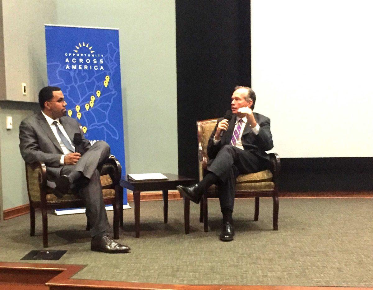 LSU President F. King Alexander and U.S. Secretary of Education John B. King discuss problems and improvements facing education during the &#8220;Opportunities Across America&#8221; bus tour in the LSU Digital Media Center on Friday, Sept. 16.