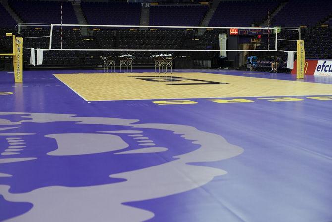 The new athletics court sits in the PMAC on Aug. 31, 2016, as LSU Women's Volleyball sets up for practice.