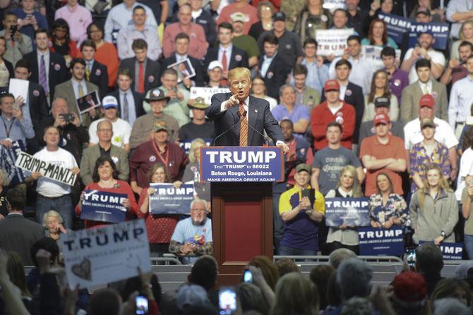 Republican presidential candidate Donald J. Trump delivers a speech on Thursday, Feb. 11, 2016, during a rally hosted in the Baton Rouge River Center.