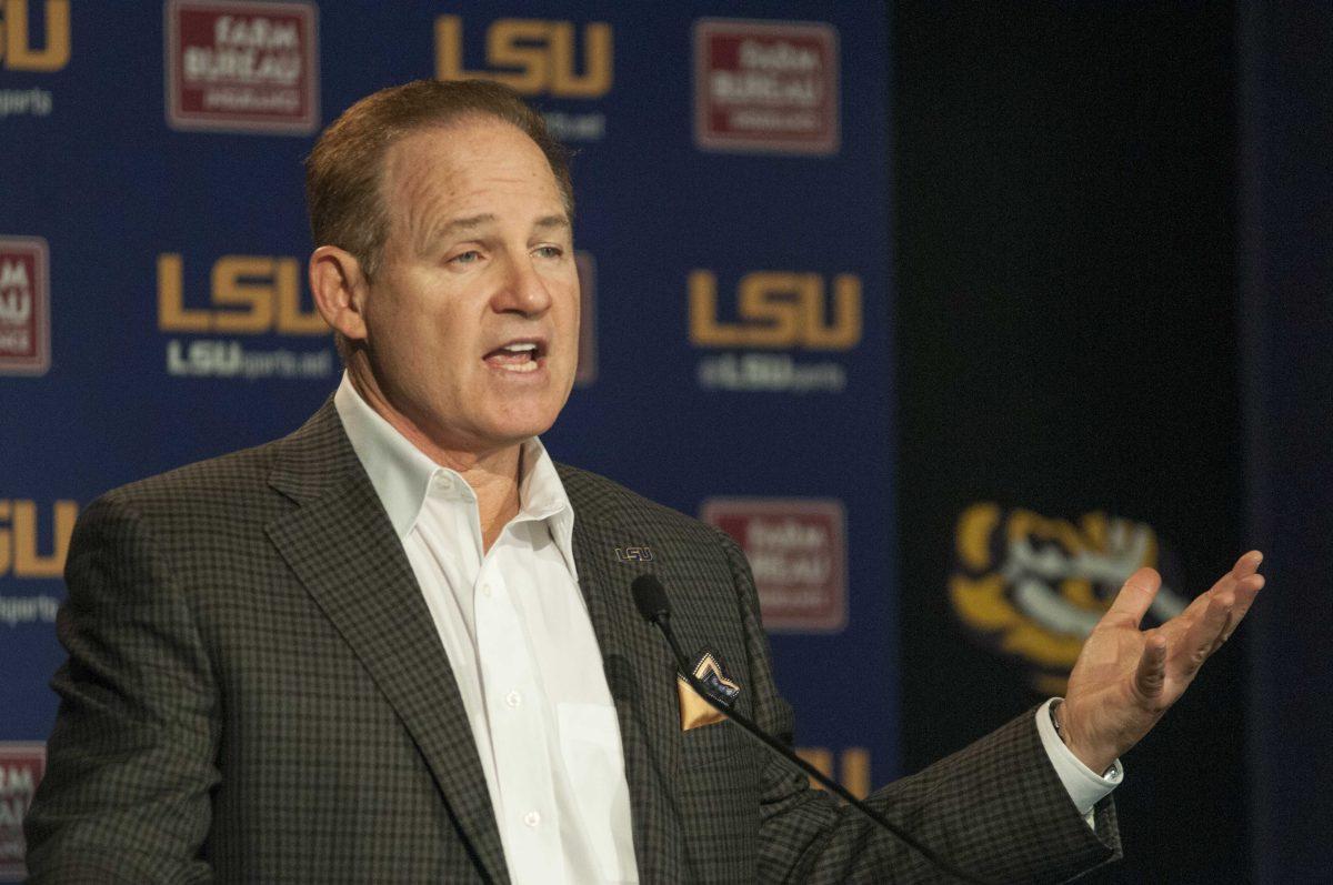 LSU coach Les Miles addresses the media during his weekly Subway Fresh Take by Les Miles&#8217; press conference on Monday, Nov. 16, 2015 in the athletic administration building.