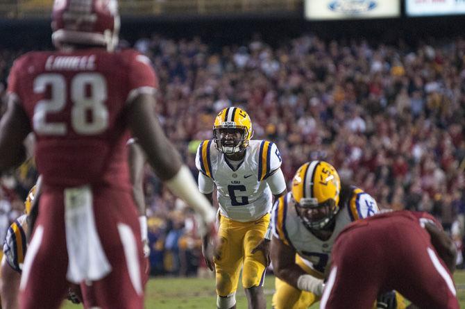 LSU sophomore quarterback Brandon Harris (6) shous during the Tigers' 31-14 defeat against the University of Arkansas on Nov. 14. 2015 in Tiger Stadium.