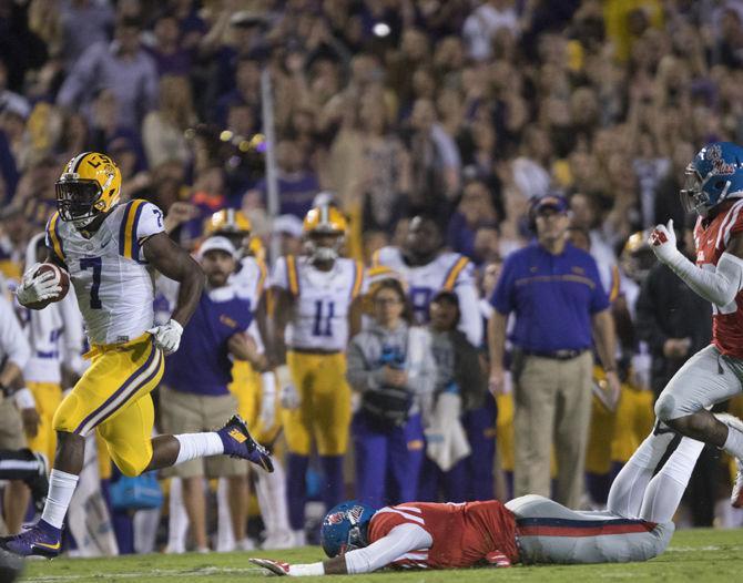 LSU junior running back Leonard Fournette (7) running the ball in for a touchdown on Saturday Oct. 22, 2016 during the Tigers' 38-21 victory over Ole Miss at Tiger Stadium.