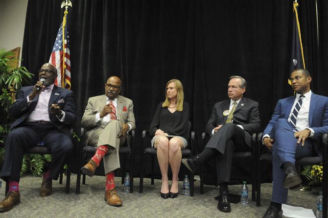 The entire panel during the Presidential Symposium on Oct. 4, 2016 in the Dalton J. Woods Auditorium of the Energy, Coast, and Environment Building.