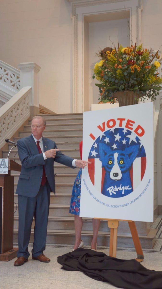 Louisiana Secretary of State Tom Schedler at the New Orleans Museum of Art unveiling the new "I voted" stickers featuring art by the late George Rodrigue. Schedler says voters have no reason to fear a "rigged election," as predicted by GOP presidential nominee Donald Trump.