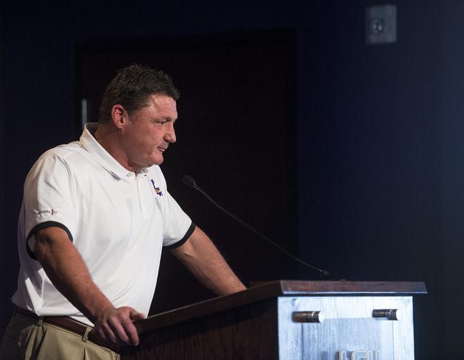 Interim coach Ed Orgeron takes the stage at the weekly press conference on Monday Oct. 3, 2016 in the Moran Family Center for Athletic Administration building, after his first game as head coach on Saturday Oct. 1, 2016.