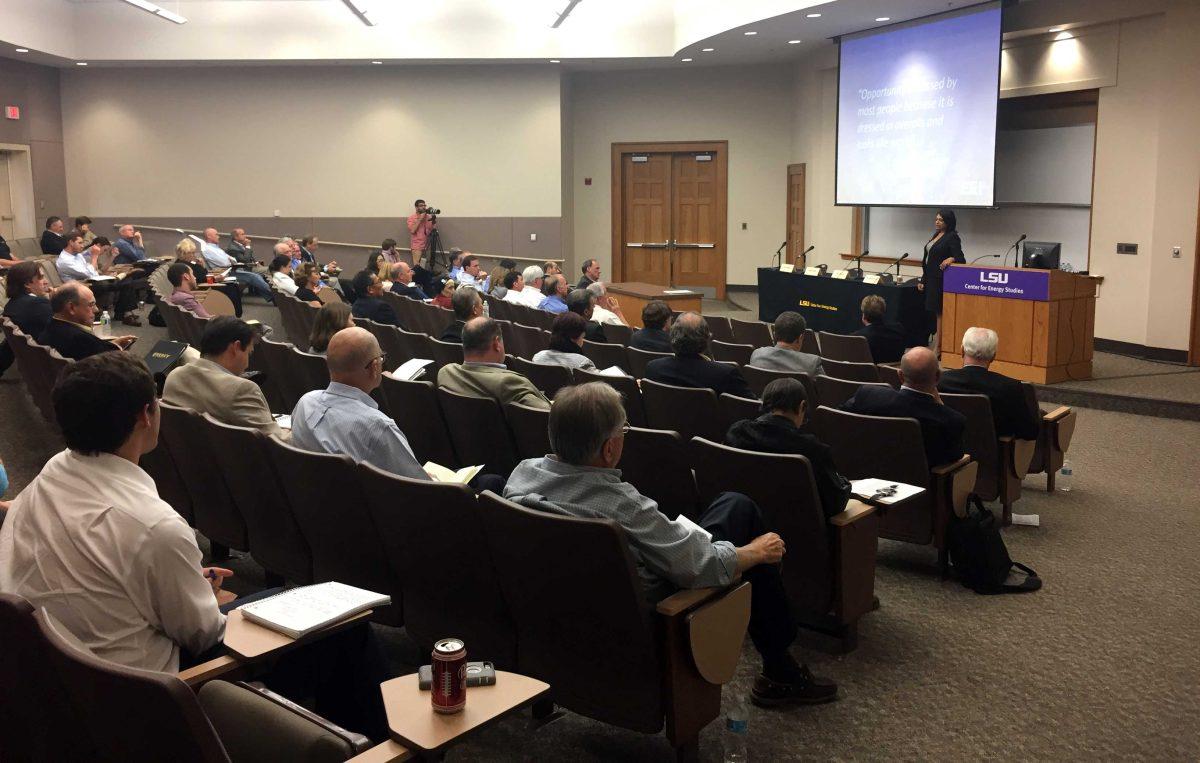 Attendees at the 2016 Energy Summit in the Dalton J. Woods Auditorium of LSU&#8217;s College of the Coast and Environment listen to presentations.