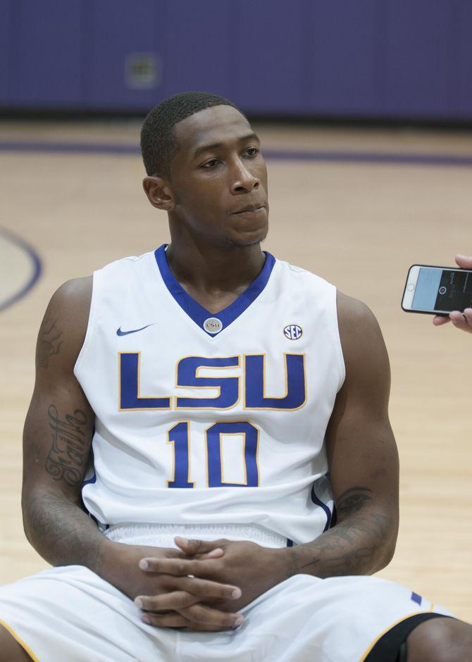 LSU junior guard Branden Jenkins (10) is interviewed during media day on October 12, 2016 in the University Basketball Practice Facility.