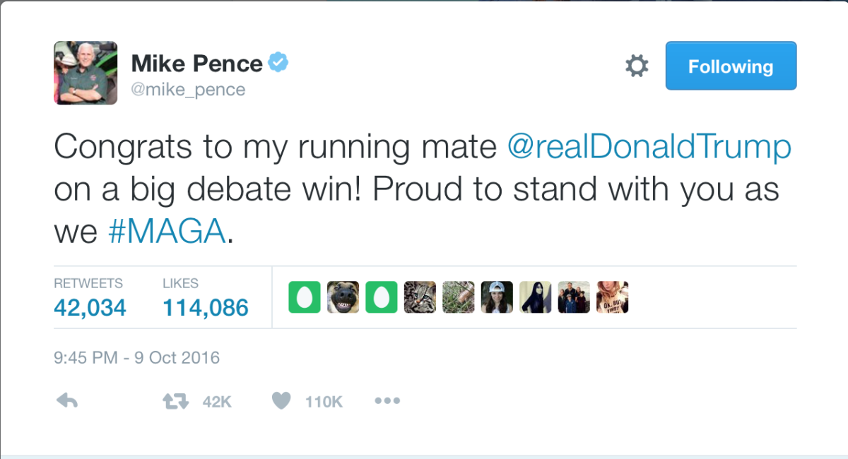 After the second debate, Gov. Pence tweeted in support of his running mate Donald Trump.&#160;