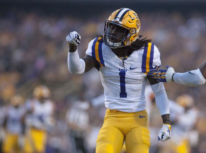 LSU sophomore running back Donte Jackson (1) celebrates a tackle during the Tigers' 42-7 victory against Missouri on Saturday, Oct. 1, 2016 in Tiger Stadium.&#160;