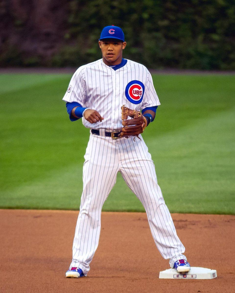 Addison Russell stand on Wrigley Field's infield during a Chicago Cubs game in Mat 2015.&#160;