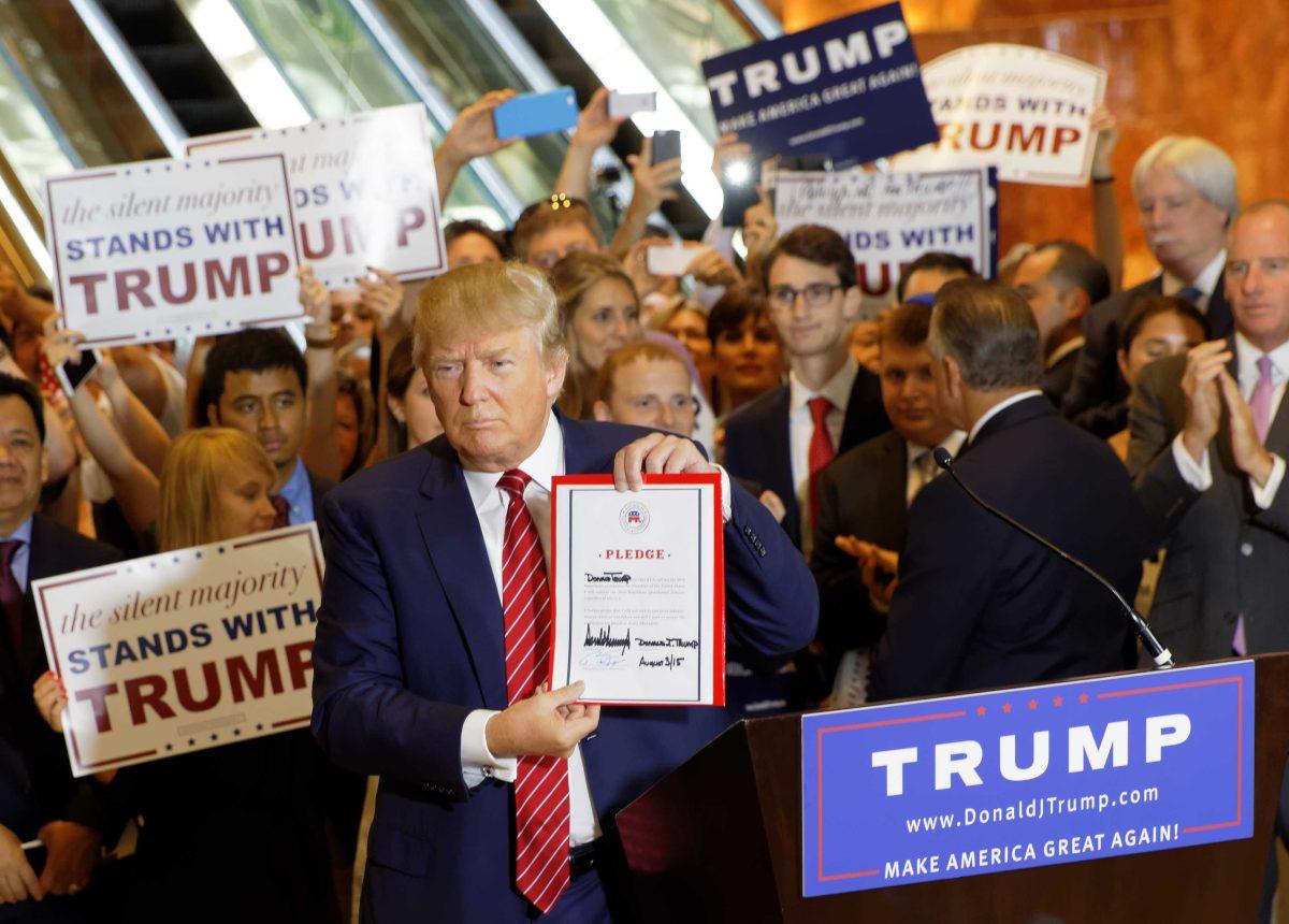 Trump signs the Republican loyalty pledge, promising to support whomever the Republican Party would nominate for the presidency in 2016 and to not run as a&#160;third-party&#160;candidate,&#160;were he not to win the nomination himself.