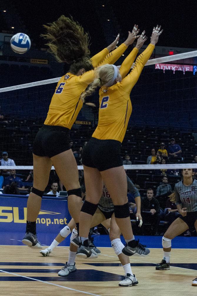 LSU senior middle blocker Tiara Gibson (6) and freshman setter Anna Zwiebel (2) defends ball during 3-1 loss against Texas A&amp; M on Friday, Sept. 30, 2016, at Pete Maravich Assembly Center.