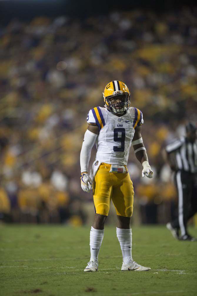 LSU senior safety Rickey Jefferson (9) prepares for the next play during Tigers' 34-13 Victory against Jacksonville State University on Sept. 10, 2016, in Death Valley.