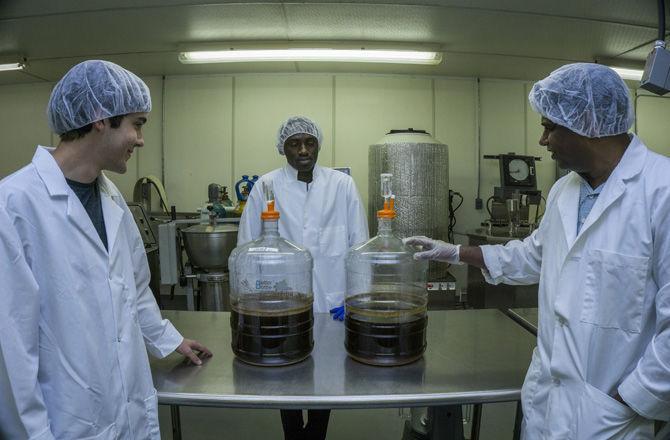 Senior food science major Ian Moppert (left), Ph.D. student Emmanue Kyereh (center), and professor of food science and biprocess engineering Subramaniam Sathivel (right) discuss the chemical properties of recently brewed beer on Oct. 14, 2016 at the LSU Food Processing and Engineering Lab.