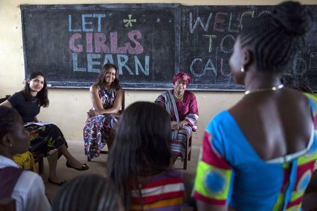 First Lady Michelle Obama participates in a roundtable discussion with Freida Pinto and students, in support of the Let Girls Learn initiative, at R.S. Caulfield Senior High School in Unification Town, Liberia, June 27, 2016. (Official White House Photo by Amanda Lucidon)