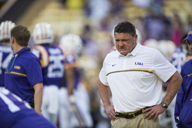 LSU interim head coach Ed Orgeron leads warm up drills before the LSU 45-10 win against Southern Mississippi on Saturday Oct. 15, 2016, in Tiger Stadium.