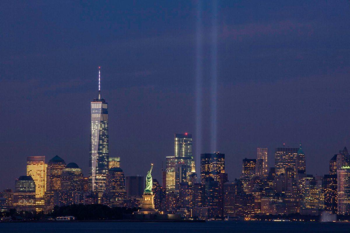 The Tribute in Light on September 11, 2014, on the thirteenth anniversary of the attacks, seen from&#160;Bayonne, New Jersey. The tallest building in the picture is the new One World Trade Center.