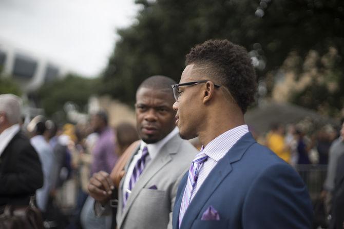 LSU junior wide reciever Malachi Dupre (15) walks down North Stadium Road on Saturday Sept. 17, 2016, before the Tigers' 23-20 victory over the Mississippi State Bulldogs.