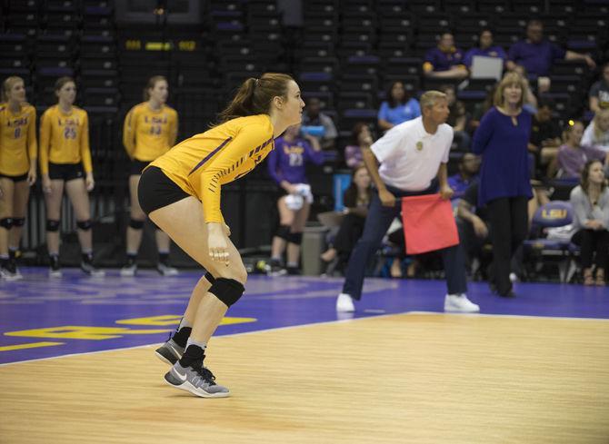 LSU sophomore setter Lindsay Flory (16) monitoring the action of play on Friday Oct. 14, 2016 during the Tigers' 3-0 loss to the Florida Gators in the Pete Maravich Assembly Center.