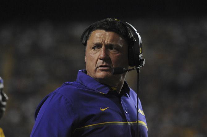 LSU interim head coach Ed Orgeron looks back towards the sidelines on Saturday, Oct. 1, 2016, during the Tigers' 42-7 victory against Missouri in Tiger Stadium.