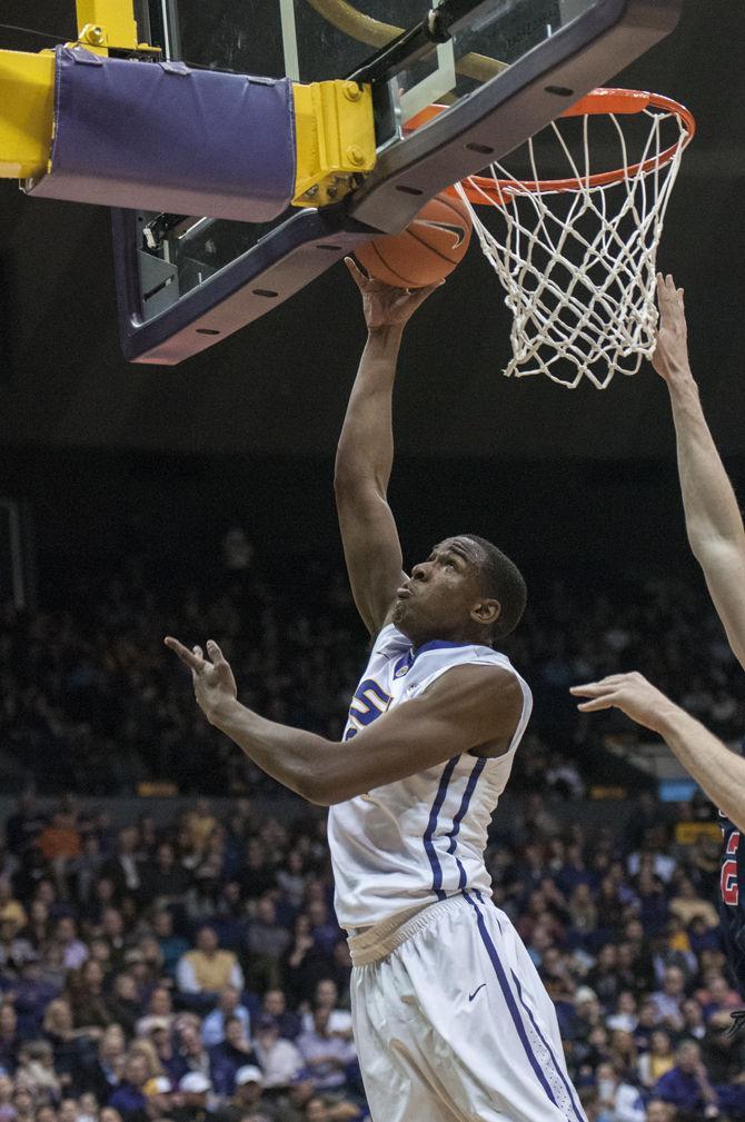 LSU sophomore forward Aaron Epps (21) makes a lay up during the Tigers' 90-81 victory against Ole Miss on Wednesday, Jan. 13, 2016 in the PMAC.