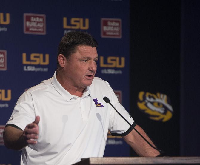 Interim coach Ed Orgeron takes the stage at the weekly press conference on Monday Oct. 3, 2016 in the Moran Family Center for Athletic Administration building, after his first game as head coach on Saturday Oct. 1, 2016.