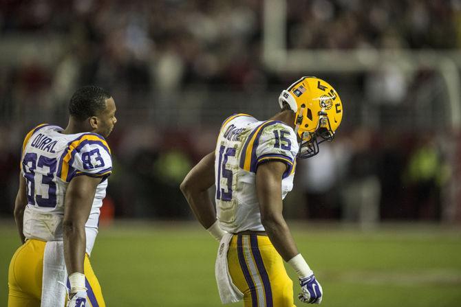 LSU sophomore wide receiver Malachi Dupre (15) and junior wide receiver Travin Dural (83) walk of the field during the Tigers' 30-16 defeat against The University of Alabama on Saturday, Nov. 7, 2015 in the Bryant-Denny Stadium.